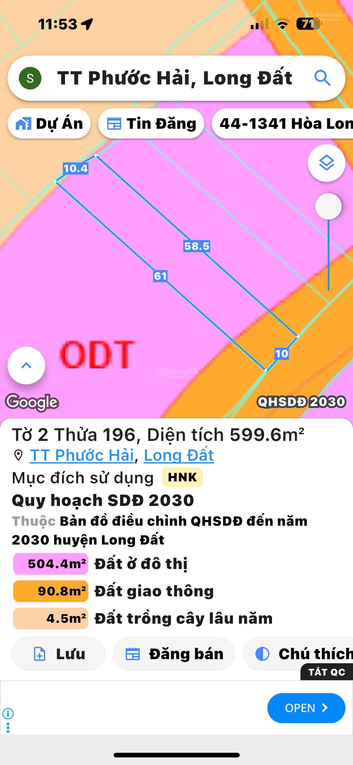 Bán đất 599,6m2 tại Phước Hưng, Phước Hải, Long Đất, 2,85 tỷ