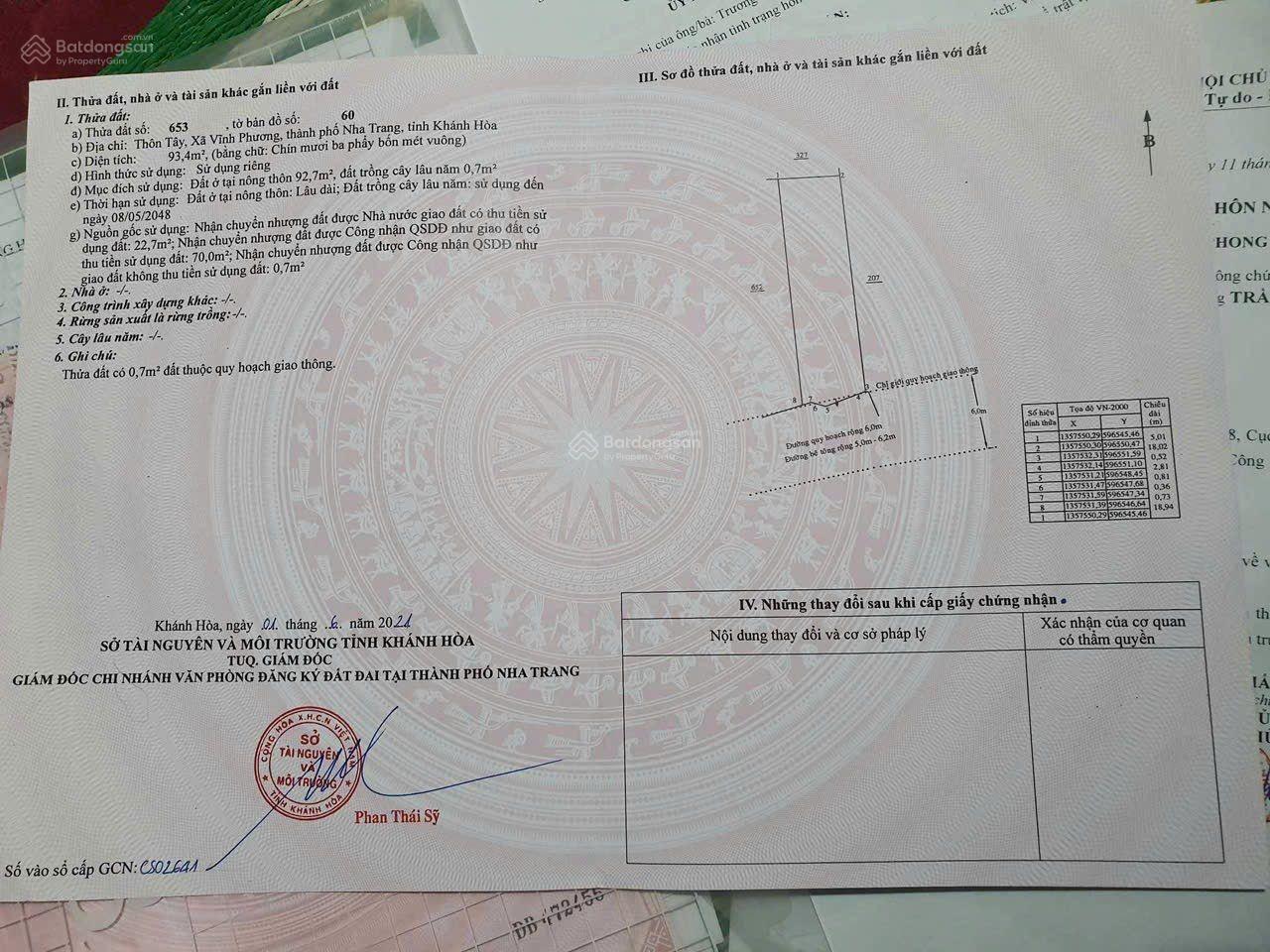 Bán đất đường oto 6m, thôn Tây, Vĩnh Phương, Nha Trang, Khánh Hòa