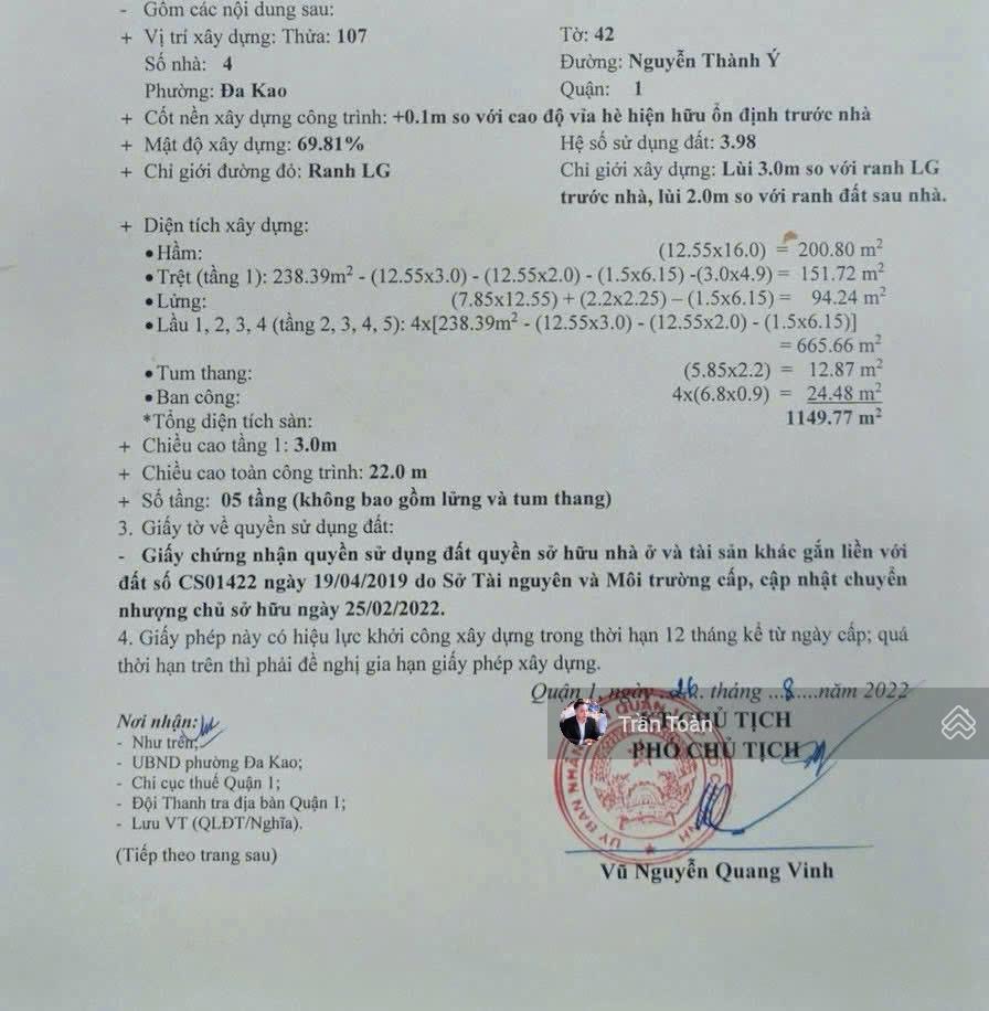 Bán đất xây villa 2 mặt tiền: 4 Nguyễn Thành Ý, P. Đa Kao Quận 1 (115 tỷ), thông số như sau