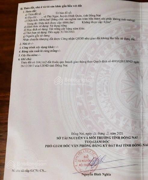 Bán đất tại Xã Phú Ngọc, Định Quán, Đồng Nai, 1,35 tỷ, 6846m2 có 80m mặt tiền