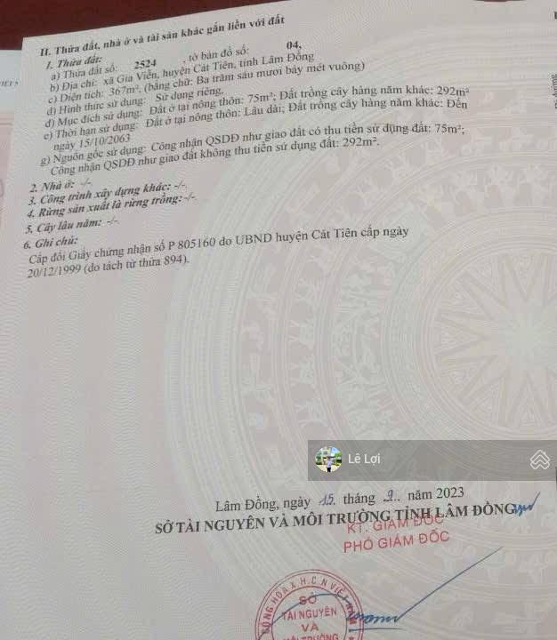 Tôi chính chủ cần bán đất 367m2 giá 1 tỷ đồng, mặt tiền trung tâm xã Gia Viễn, Cát Tiên, Lâm Đồng