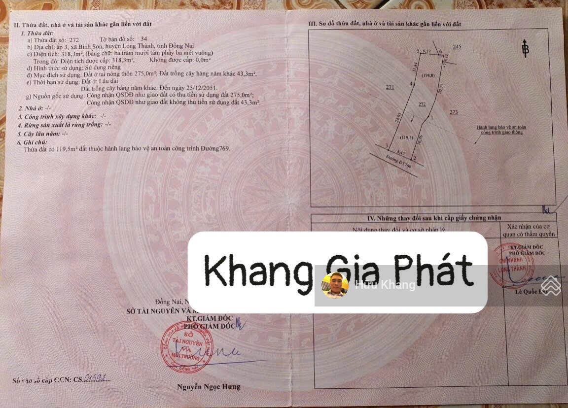 Bán nhà mặt tiền đường ĐT 769 - Bình Sơn DTCN 318m2 thổ cư 275m2 sổ sẵn đang cho thuê 13tr/tháng