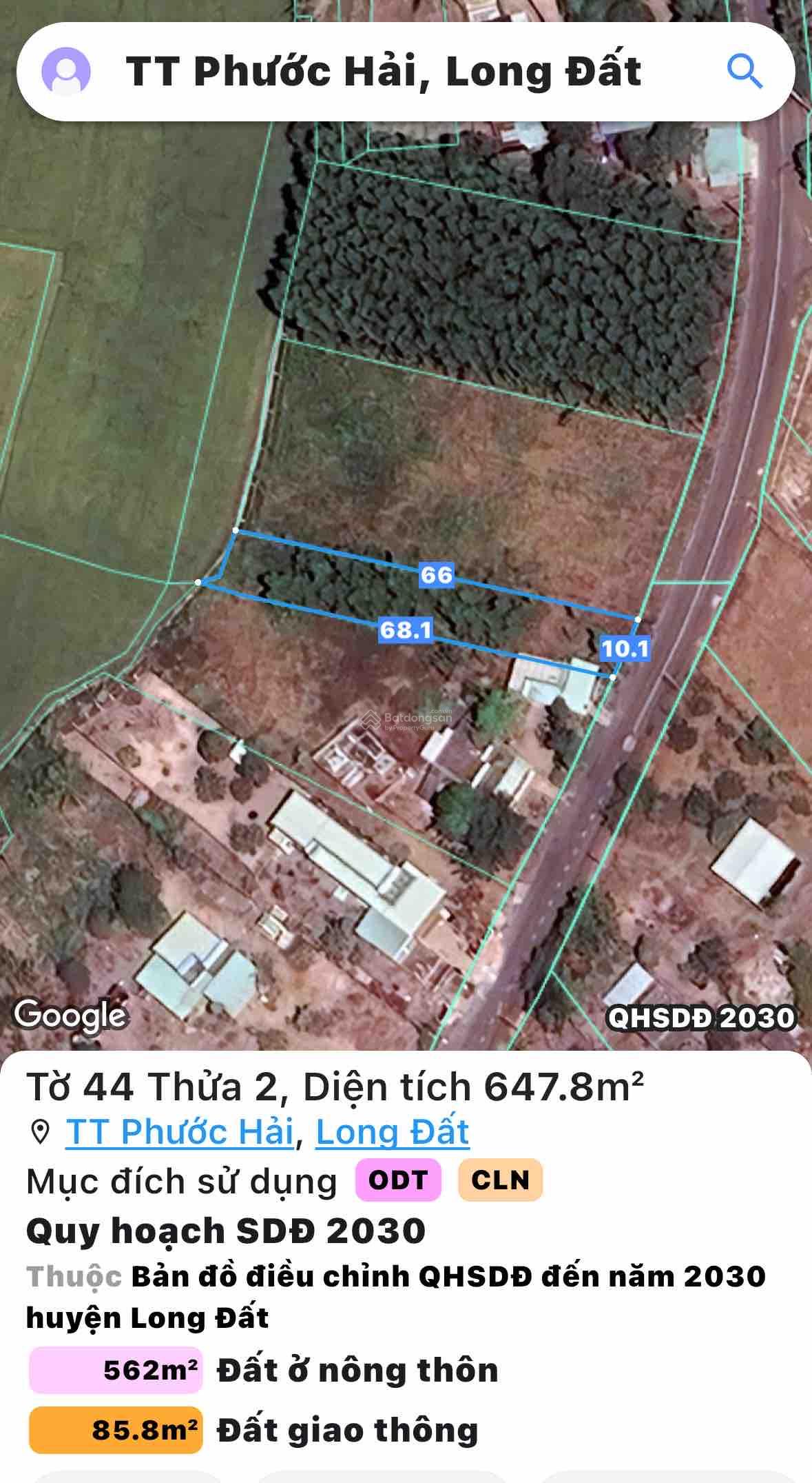 Bán đất 647.8m2 tại thị trấn Phước Hải, 4 tỷ, hướng Đông, mặt tiền 10m