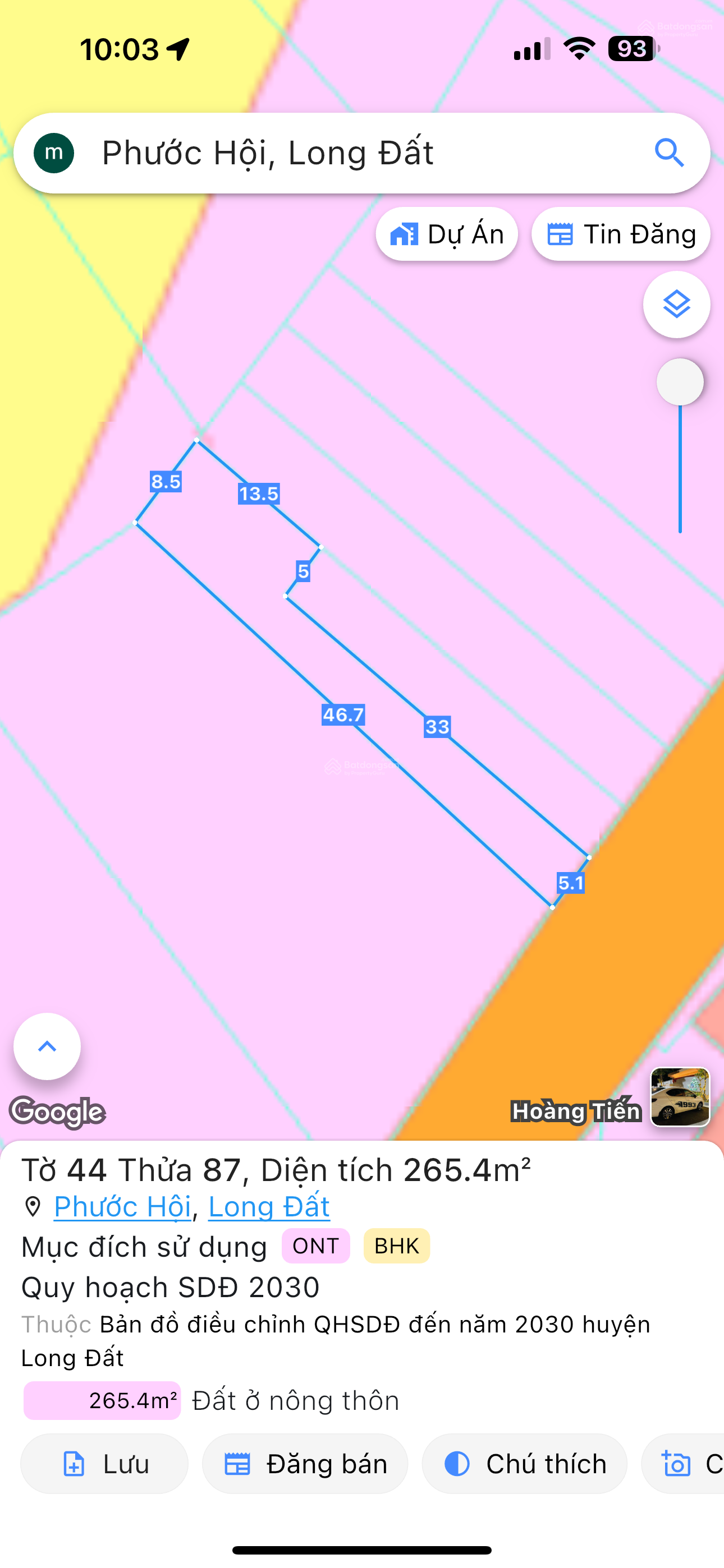 Bán đất: 265m2 sẵn 100m2 thổ cư, phủ hồng toàn bộ. Mặt tiền đường nhựa cách biển 3km