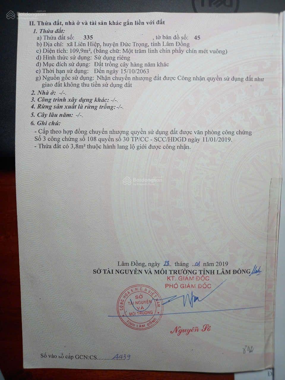 Bán đất thổ cư 1,1 tỷ, diện tích 110 m2, thổ cư 100 m2, tại xã Liên Hiệp, Đức Trọng Lâm Đồng