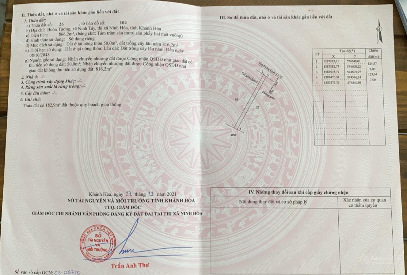 Bán 866m2 mặt đường Quốc Lộ 26 Ninh Tây