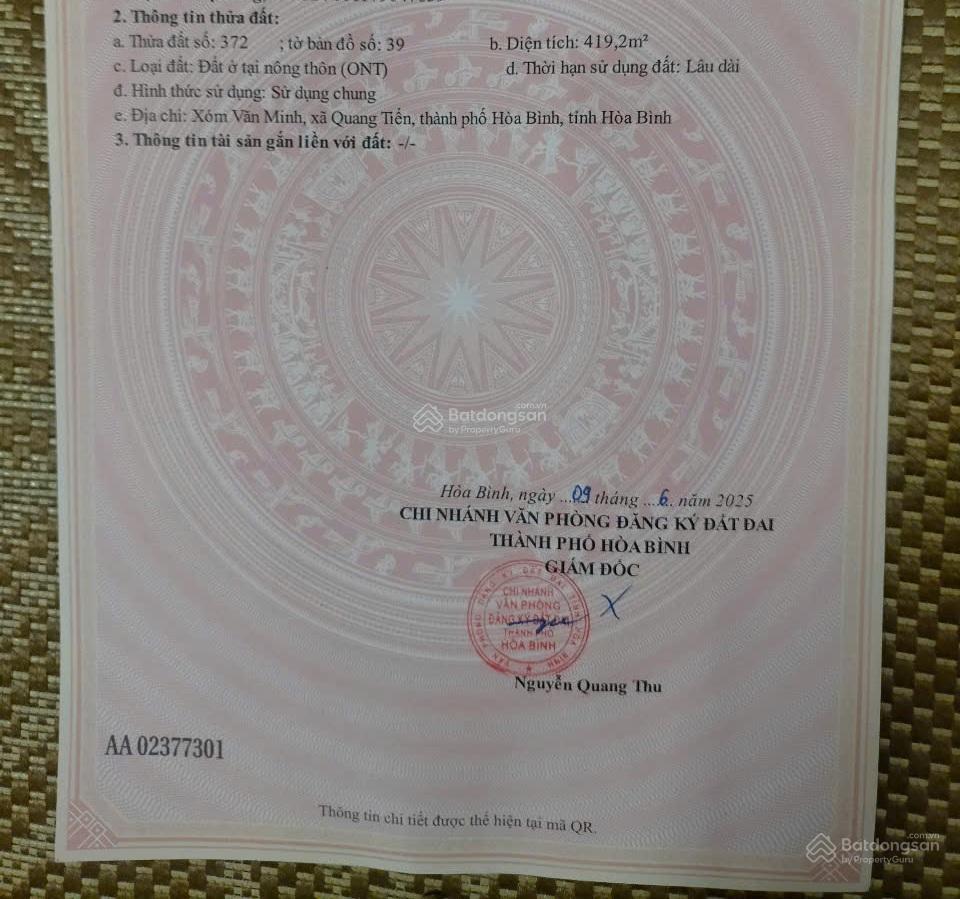 Bán đất tái định cư gần cao tốc Hòa Bình. Diện tích 419m2, thổ cư 100%