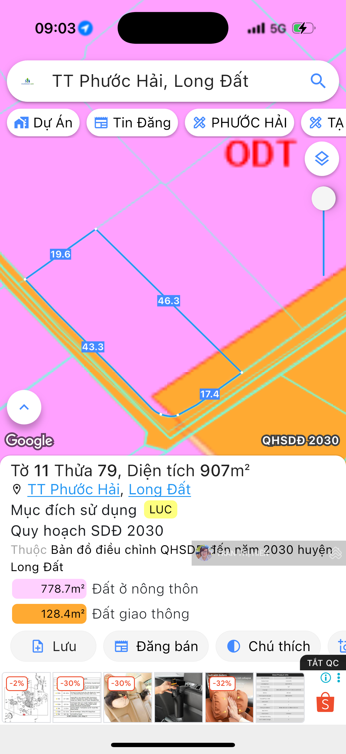 Lô góc 907m2 - 17x46m - thị trấn Phước Hải - cách biển chỉ 2km - ngay khu Đồng Gió Glamping