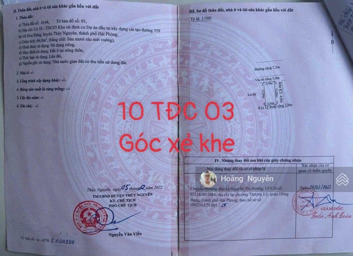 Bán lô xẻ khẻ tuyến đầu TĐC Hoa Động, Thủy Nguyên ngay sát trục đường 359