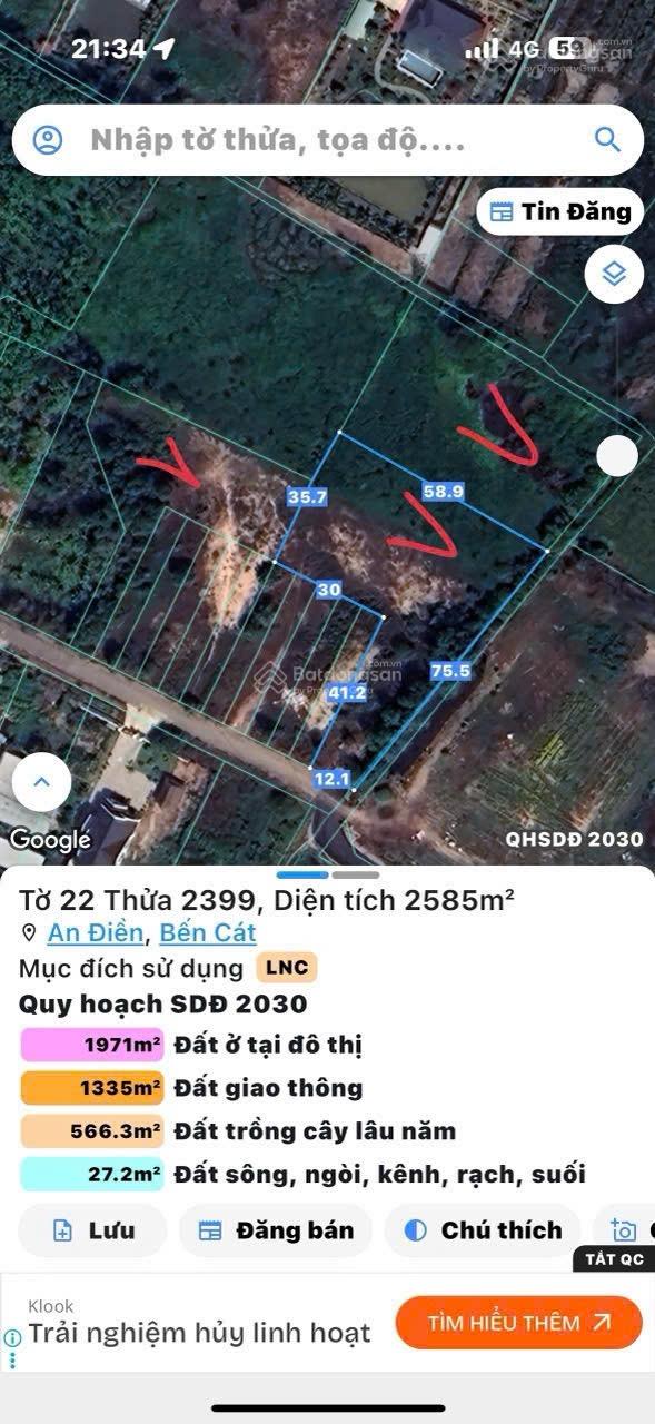 Bán đất phường An Điền bến cát cũ gần DT 748 vào 700m. DT 6364m2 thổ cư hơn 2000m2, giá rẻ đầu tư