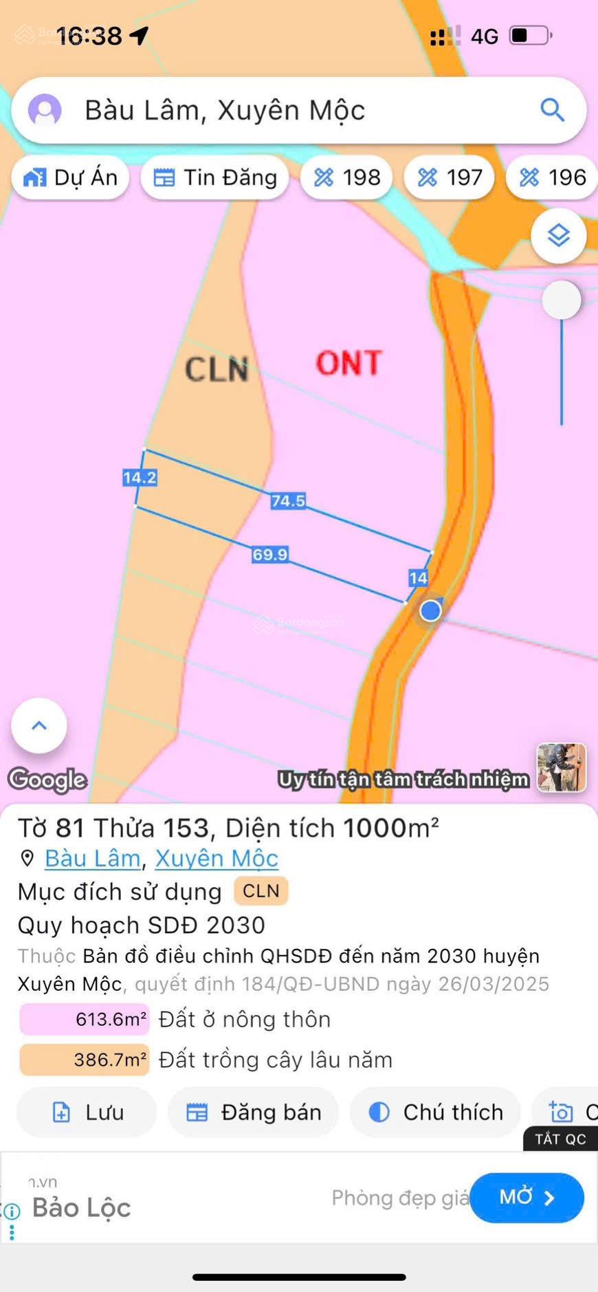 Chủ cần bán lô đất xã Bàu Lâm, 1000m2 phủ hồng, sổ hồng, giá đầu tư. Lh: 0943 138 ***