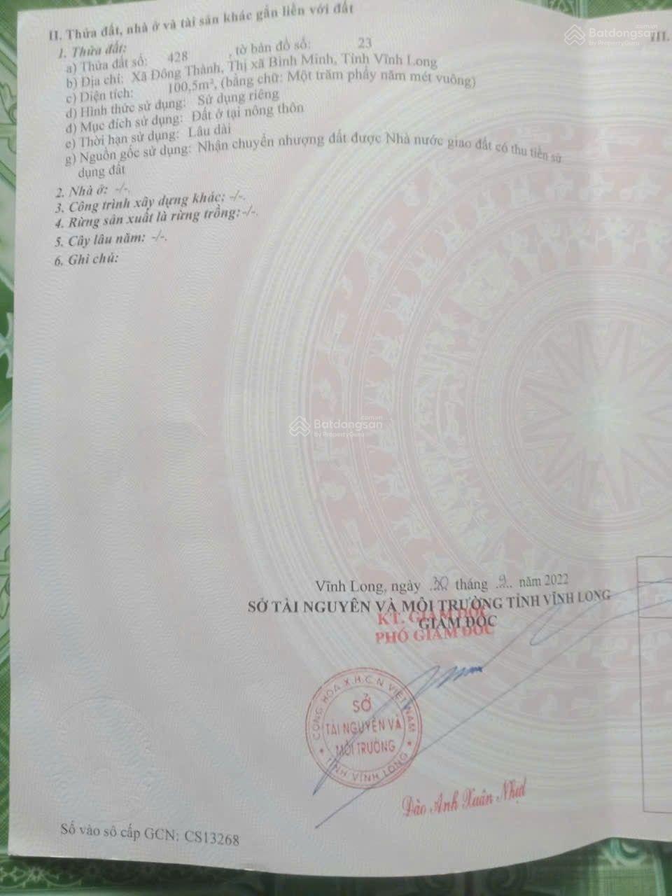 Cần bán gấp lô đất 5m dài 20m sổ hồng riêng, thổ cư 100% giá 355 triệu tại Bình Minh, Vĩnh Long