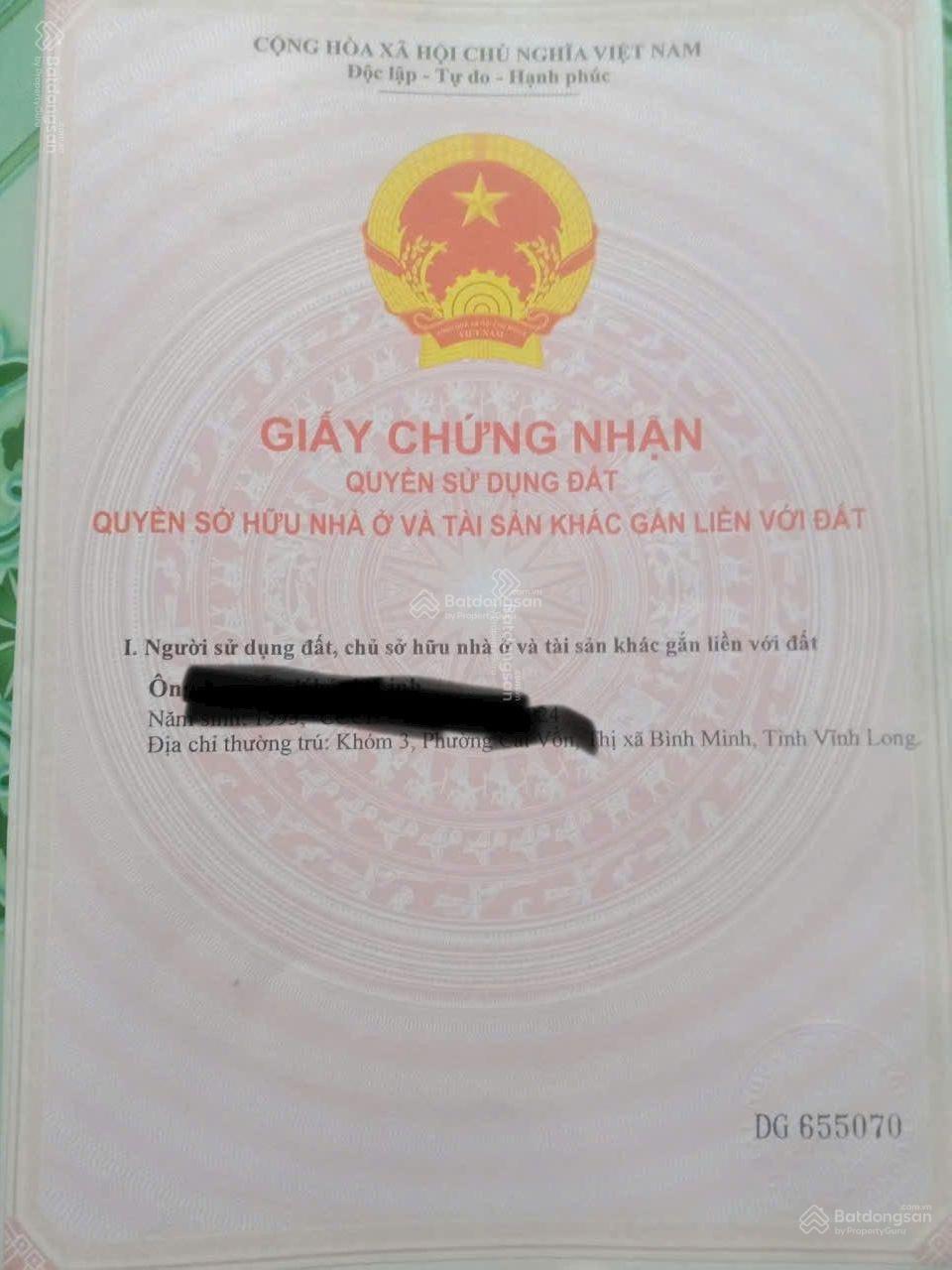 Cần bán gấp lô đất 5m dài 20m sổ hồng riêng, thổ cư 100% giá 355 triệu tại Bình Minh, Vĩnh Long