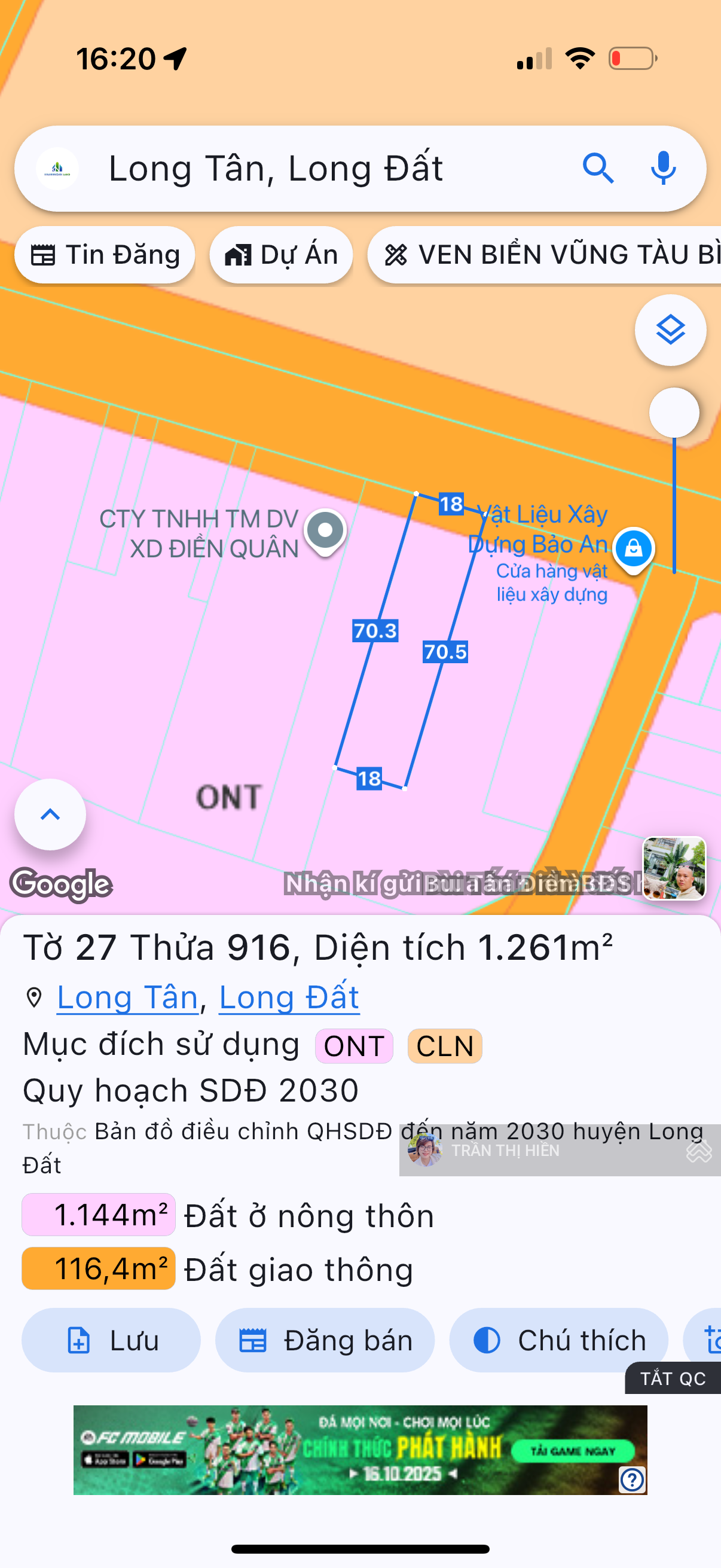 Mặt tiền Tỉnh Lộ 52 - Long Tân - Đất Đỏ - BRVT - DT 1260,8m2 - 18mx70m - 100m2 thổ cư