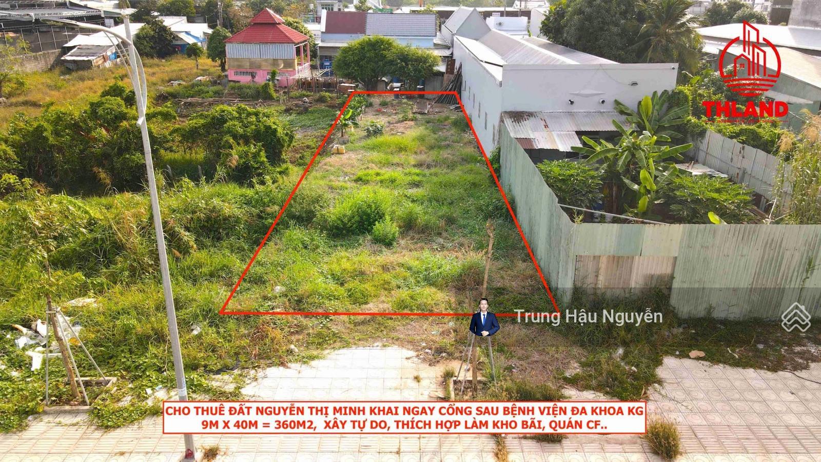 Cho thuê 360m2 đất Nguyễn Thị Minh Khai-Cổng sau bệnh viện đa khoa KG. Lộ 8m lề 5m, 9x40m, nền cao