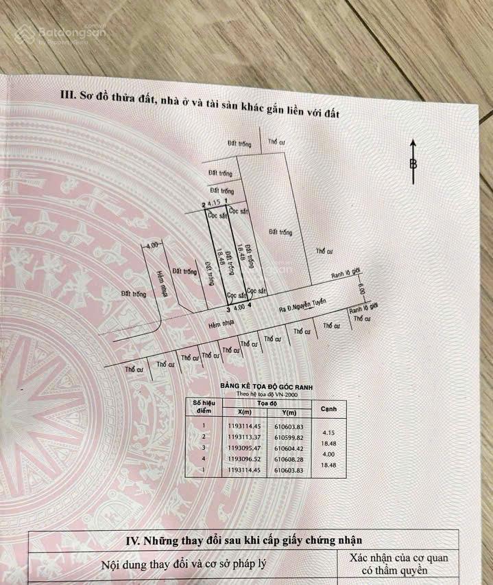 Bán đất nền / Nguyễn Tuyển, 115 triệu/m2, 75.3m2, 4x19 nở hậu, p Bình Trưng Tây, Q2, HCM