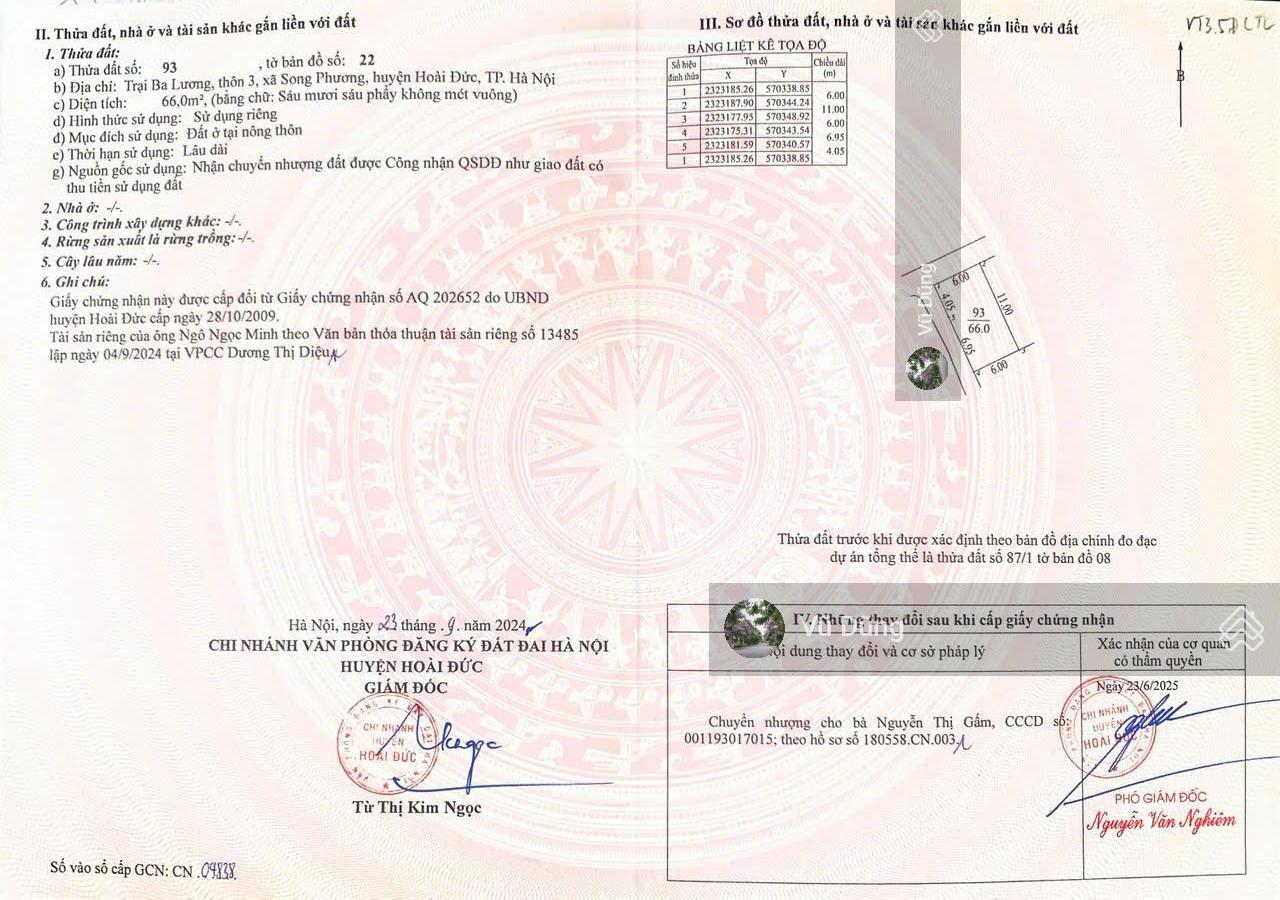 Bán nhanh lô góc 2 mặt thoáng 66m², MT 6m Ba Lương, Song Phương, gần An Khánh, sổ đỏ sẵn, giá tốt