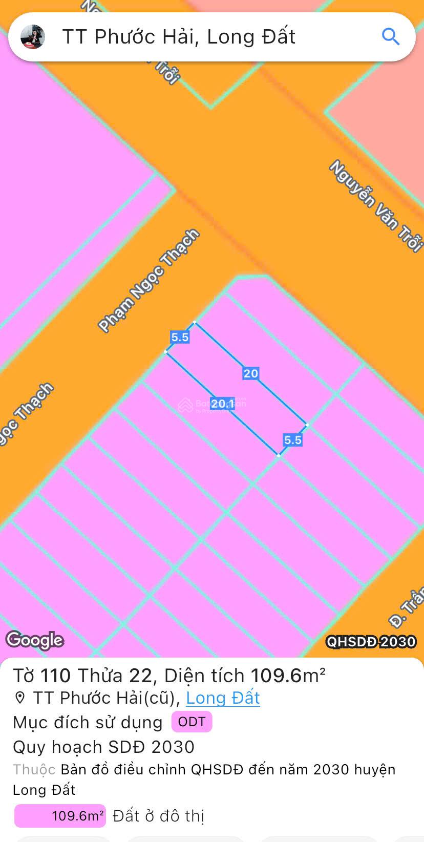 Rẻ nhất TĐC Phước Hải, bán đất mặt tiền đường Phạm Ngọc Thạch, cách biển 500m. 110m2 (5,5x20)m