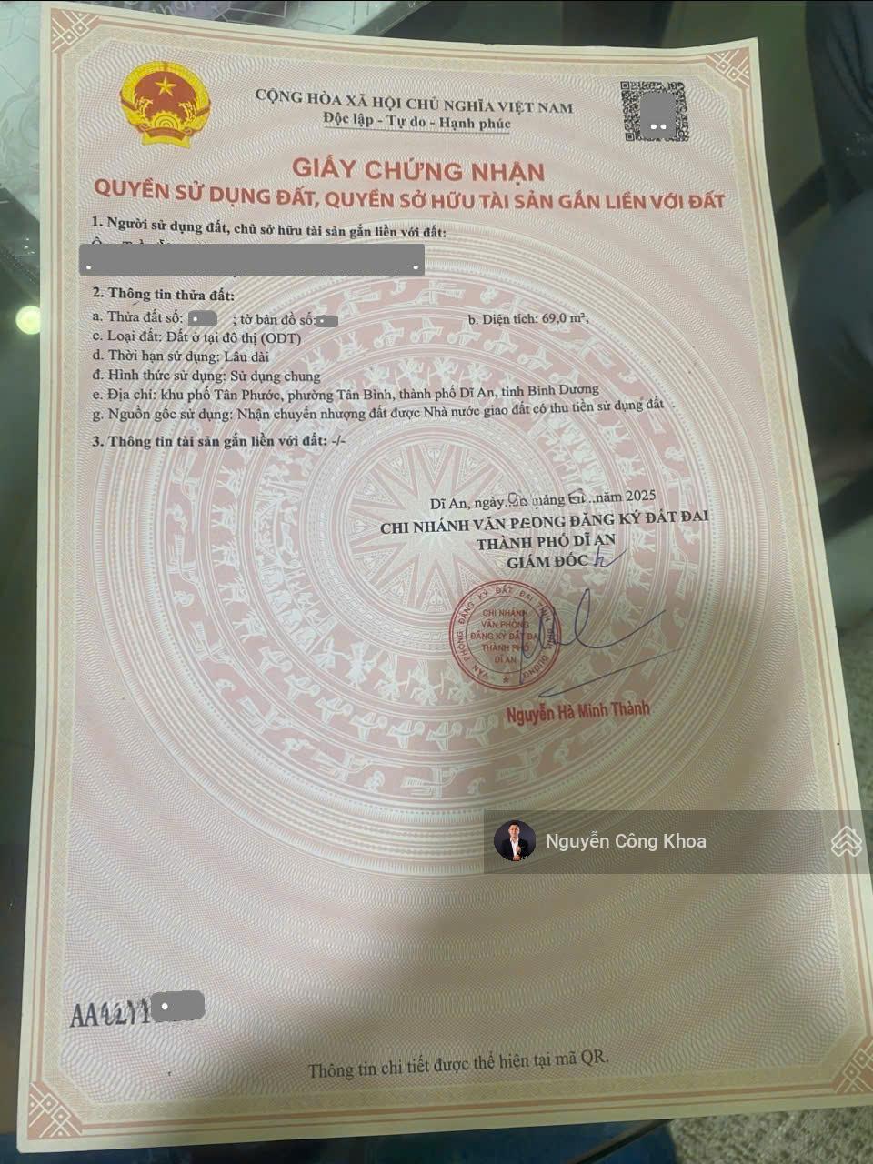 Bán đất sổ riêng, 69m2, KDC gần ngã tư Chiêu Liêu 500m, P. Tân Bình, Tp. Dĩ An