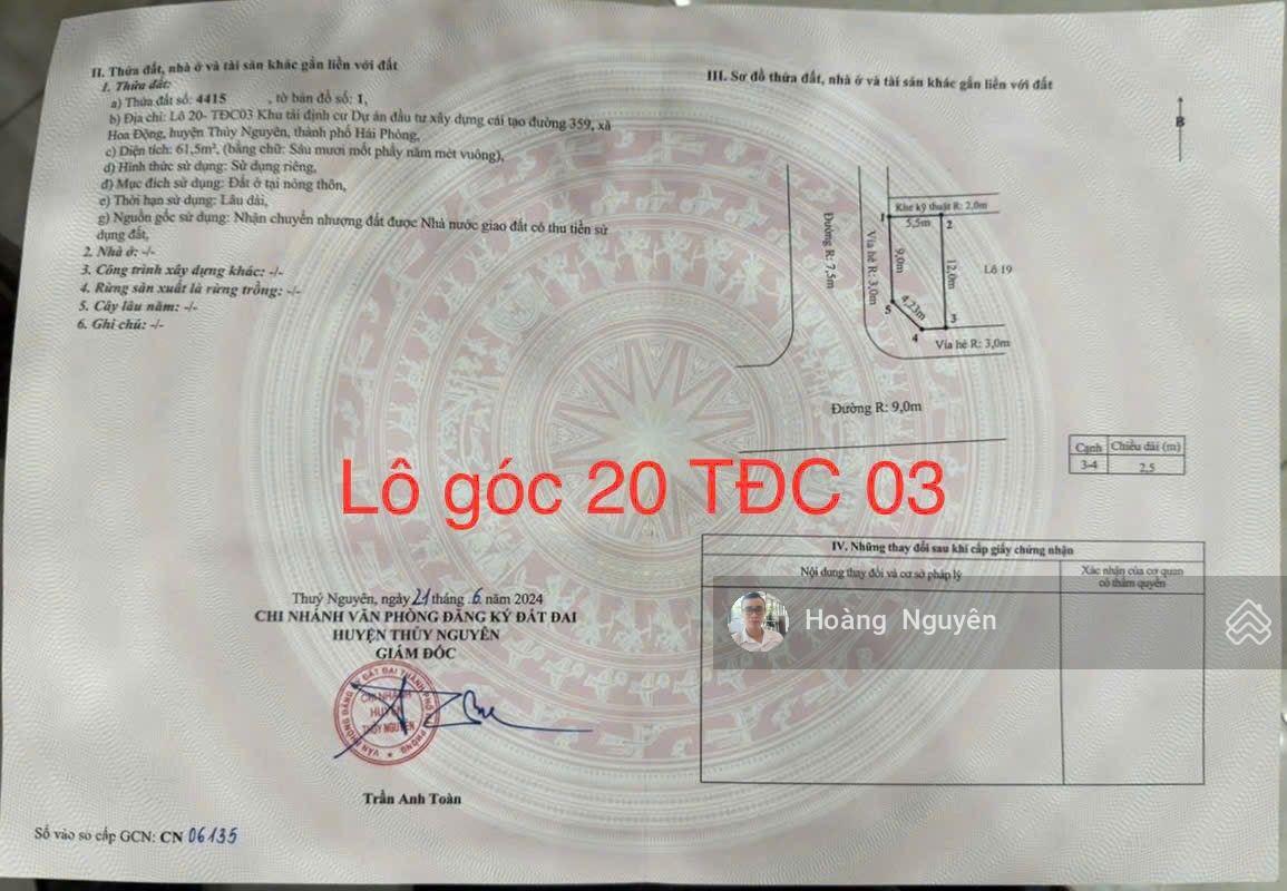 Bán lô góc siêu đẹp TĐC Hoa Động, Thủy Nguyên 61,5m2 giá chỉ 4.7 tỷ