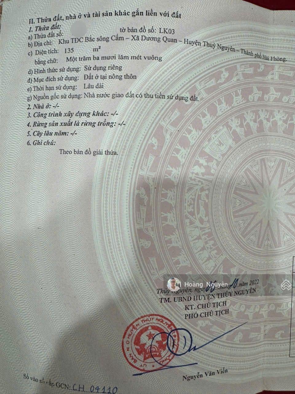 Bán lô đất TĐC Áp Tràn, Bắc Sông Cấm, Thủy Nguyên 135m2 giá chỉ 6.3 tỷ