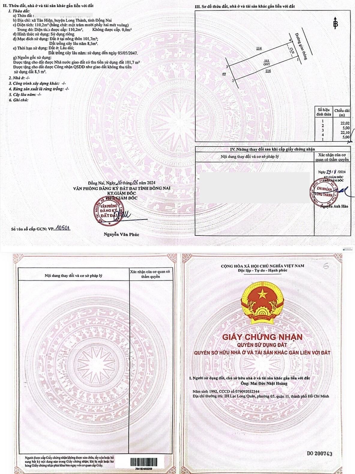 2 lô Tân Hiệp cạnh KCN Bàu Cạn - Tân Hiệp, giá 1.2 - 1.4 tỷ 115m2 full thổ cư, đường nhựa bàn cờ 8m