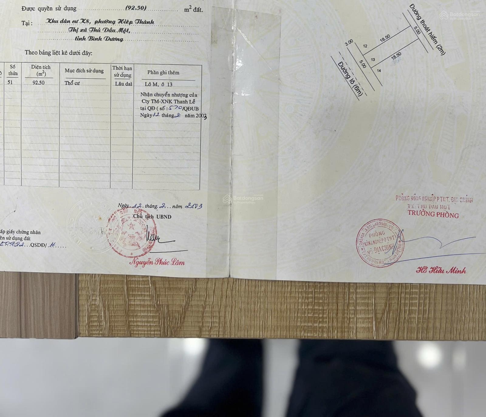 Bán lô đất Đường D3 KDC K8 Hiệp Thành - Diện tích: 5x18,5m (full thổ cư) chỉ 4 tỷ 6