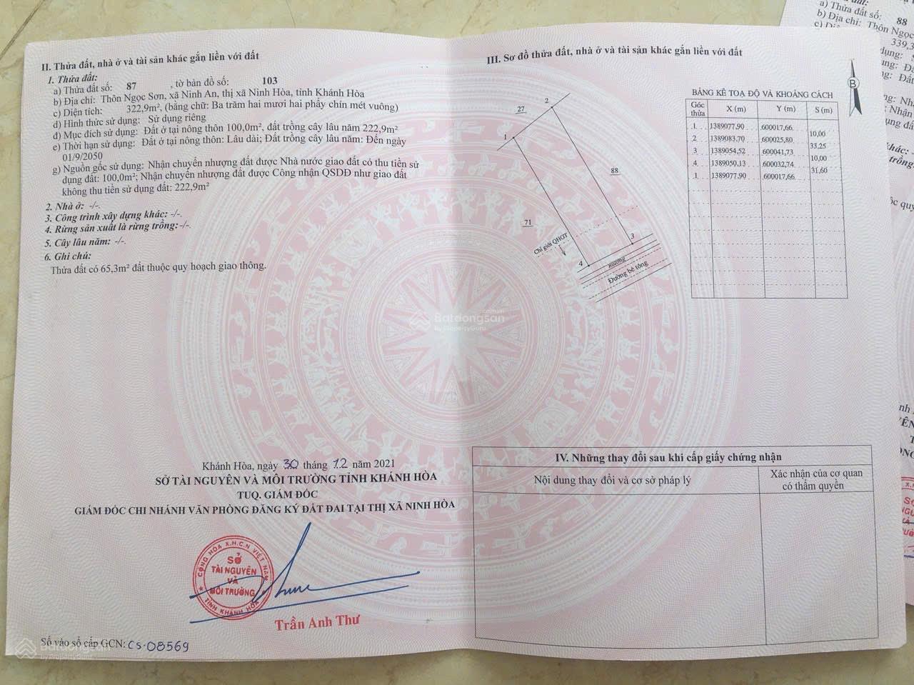 Bán lô đất Thôn Ngọc Sơn, xã Ninh An, Ninh Hoà, cạnh DT7 giá rẻ 323m2 Bán lô đất Thôn Ngọc Sơn, xã Ninh An, Ninh Hoà, cạnh DT7 giá rẻ 323m2