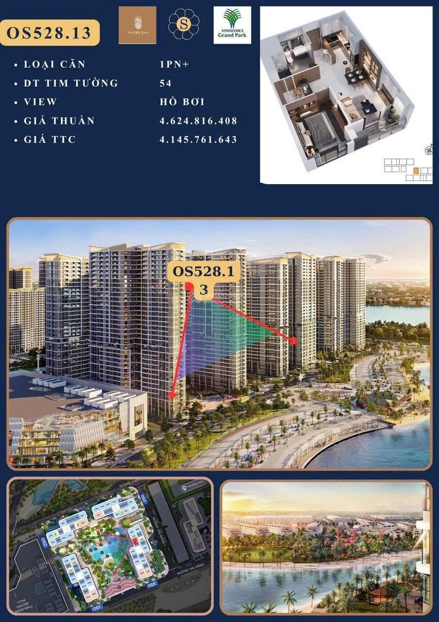 Căn 1PN - 55m2 View Hồ Bơi Rẻ nhất thị trường tại Opus One chỉ 4,145 tỷ, đơn giá chỉ 75 triệu/m2.