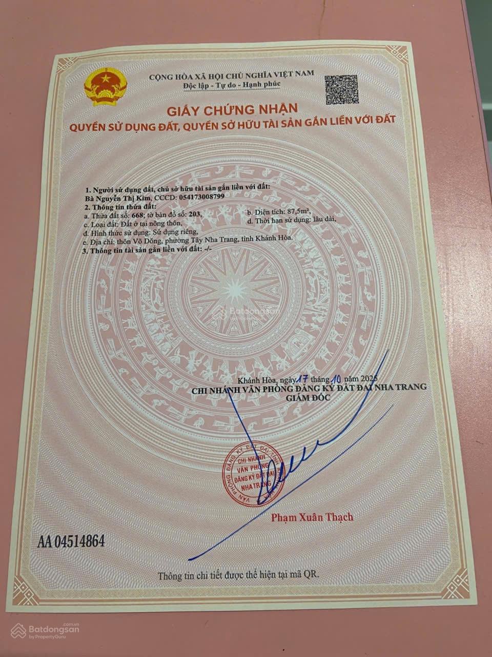 Bán lô Võ Dõng, Vĩnh Trung, Nha Trang, đường rộng 8m, DT 87,5m2, full thổ. Giá đầu tư. 0490 505 ***5