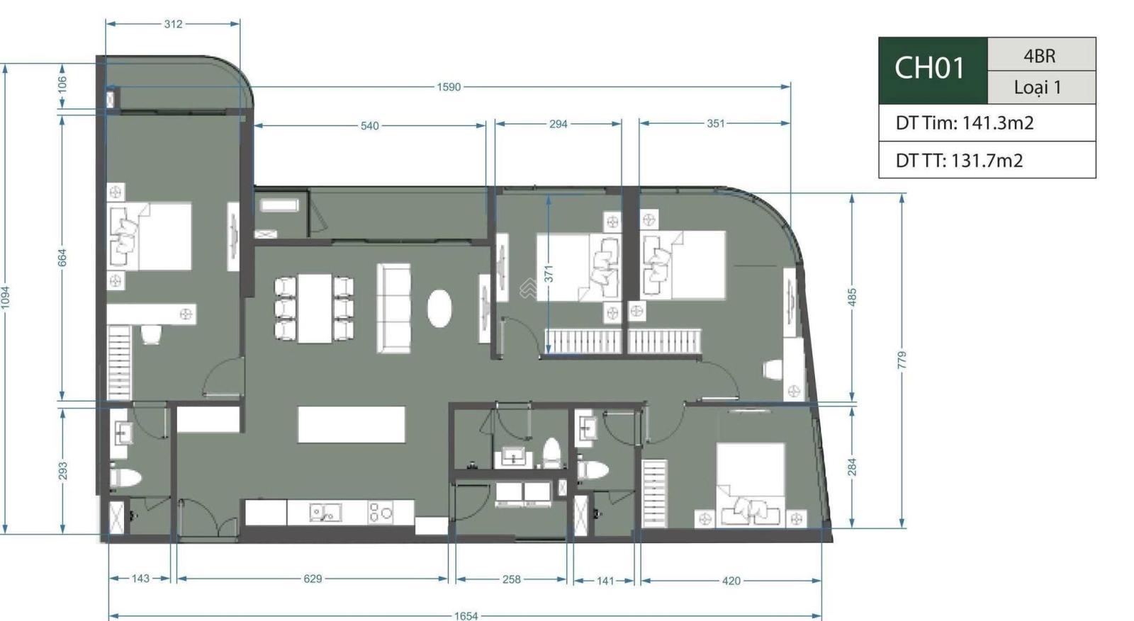 Chính chủ cần bán căn 4PN 132m2 trục 01 toà A2 Lumiere Evergreen Smart City. Giá 16 tỷ