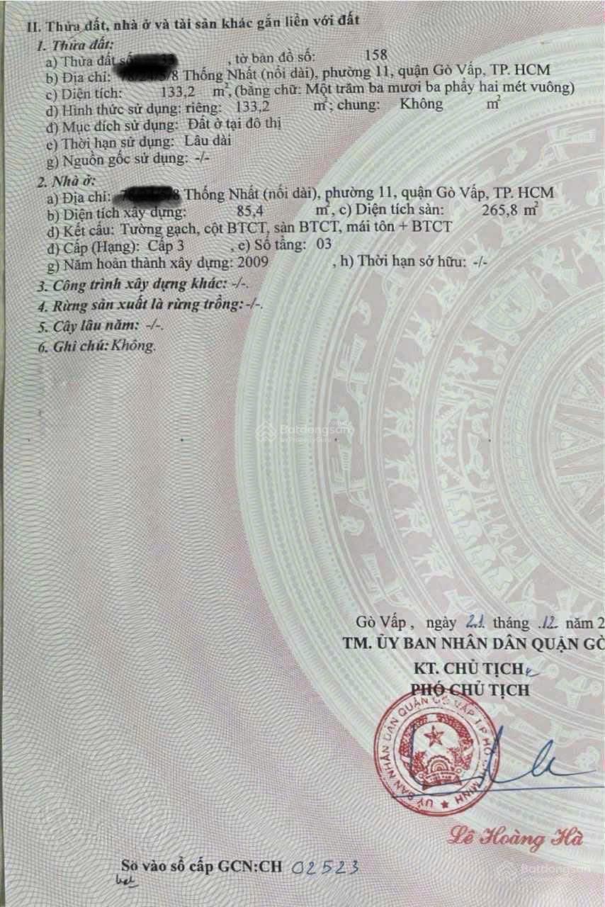 Bán CHDV cho thuê. Hẻm 79 Thống Nhất, P11, GV. Đối diện BV Hồng Đức. DT 5.5 x 23. Giá 8,66 tỷ