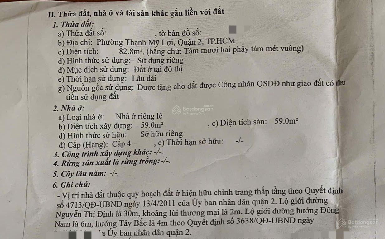 Bán Đất thổ cư phường Thạnh Mỹ Lợi Quận 2, đất 2 MẶT TIỀN Cách Nguyễn Thị Định chỉ 20m ngang 5.78M