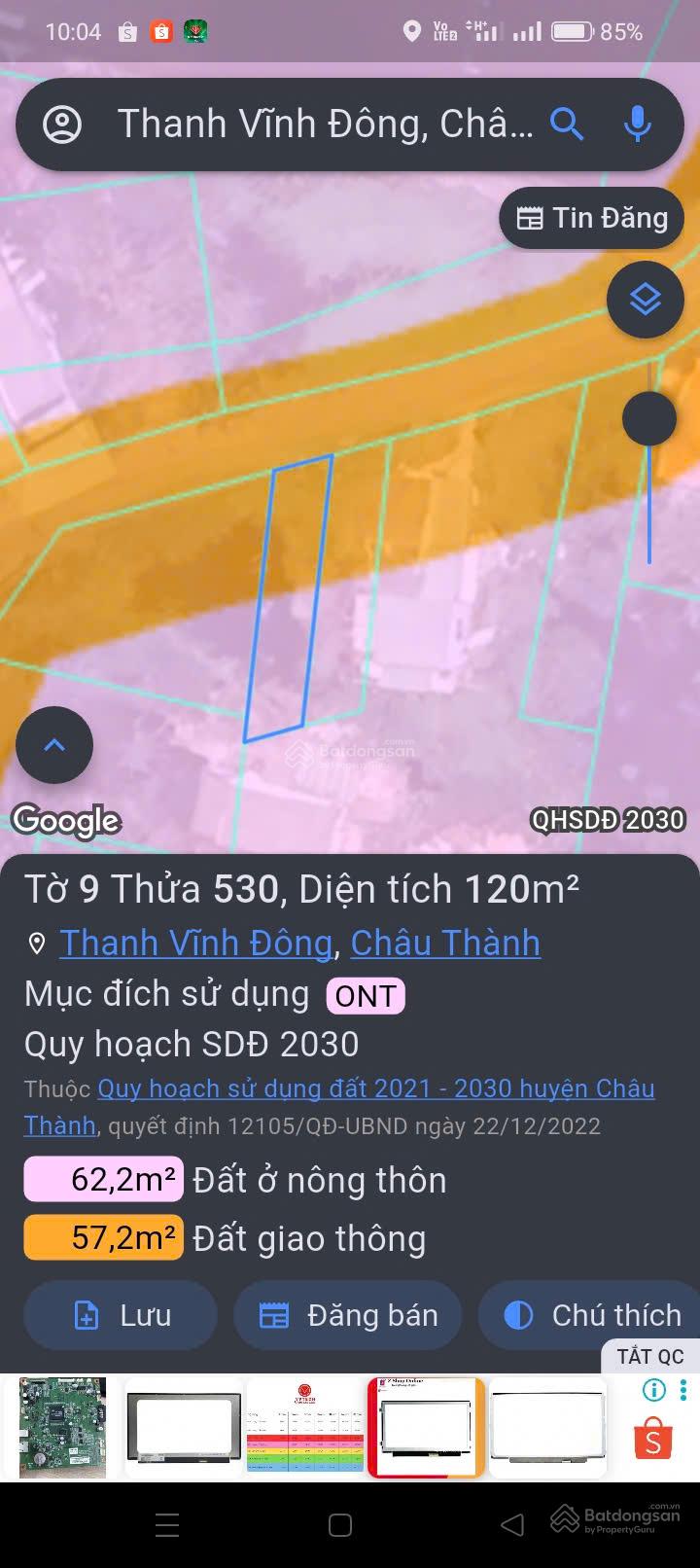 Bán lô đất 120m2 full thổ - TT Thanh Vĩnh Đông - đường nhựa Ao Sen -Bà Hùng 6m - giá sốc 850tr