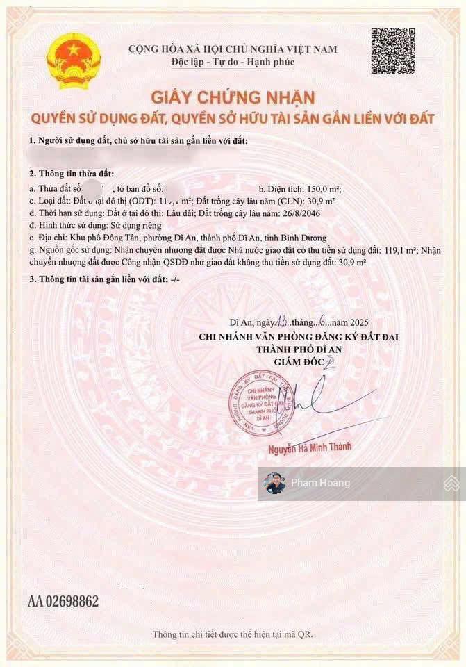 Chính chủ bán lô đất Nguyễn Du Dĩ An Bình Dương cũ DT 150m2 ngang 5m gần trường cấp 1.2.3 đường oto