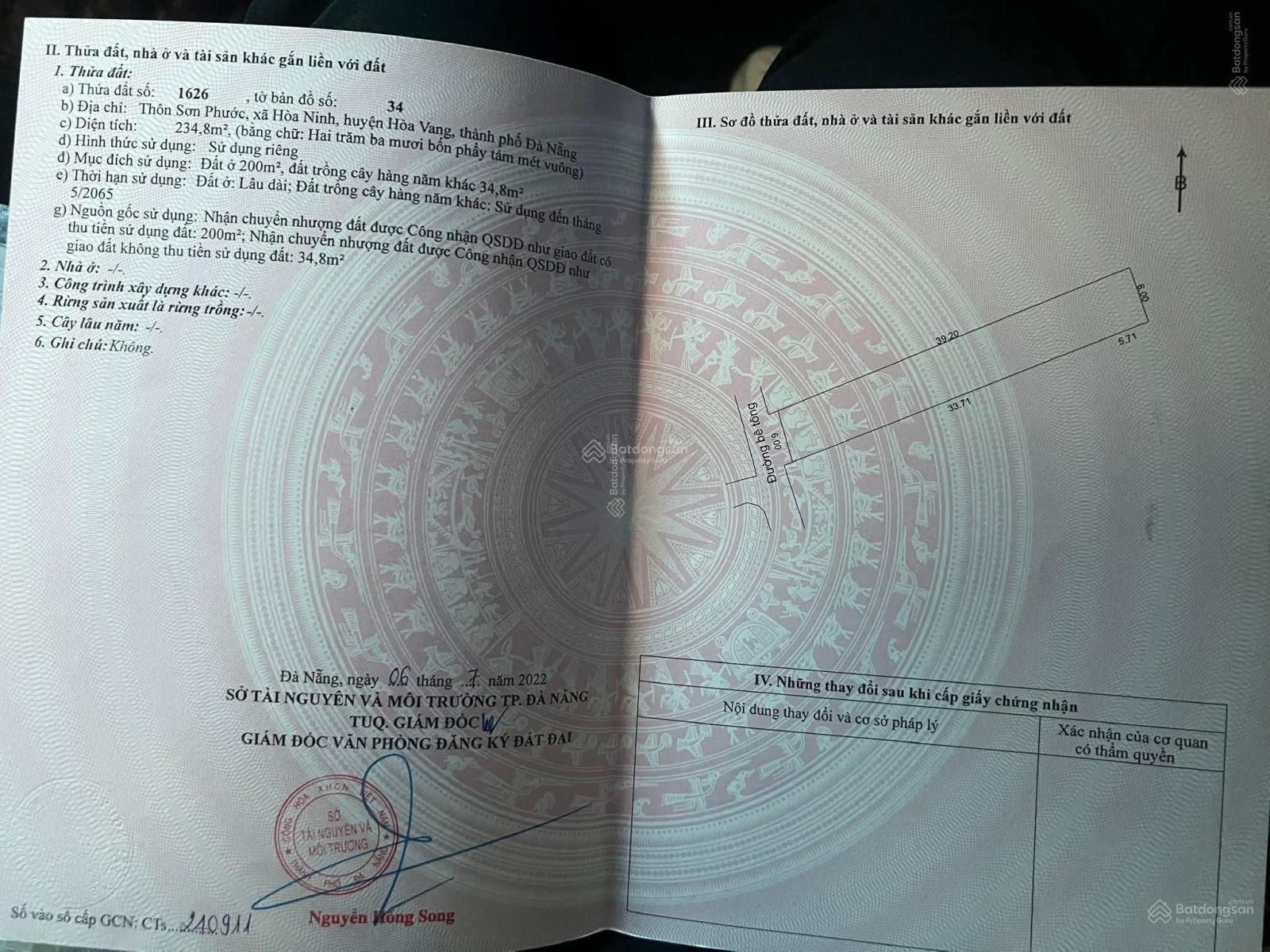 Chủ gửi bán 234.8m2, có 200m2 đất ở gần ủy ban Xã Hòa Ninh - Hòa Vang - Đà Nẵng - giá 2,350 tỷ