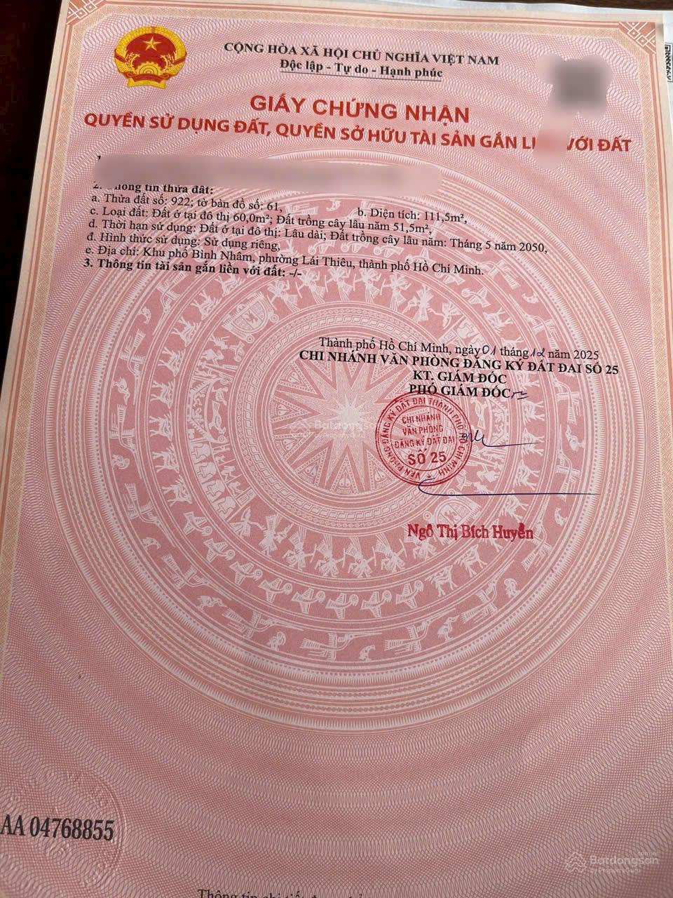 Chính chủ bán đất Bình Nhâm 40, cách Nguyễn Hữu Cảnh 150m; DT 111.5m2; Giá 2.6 tỷ; LH 0908 525 ***