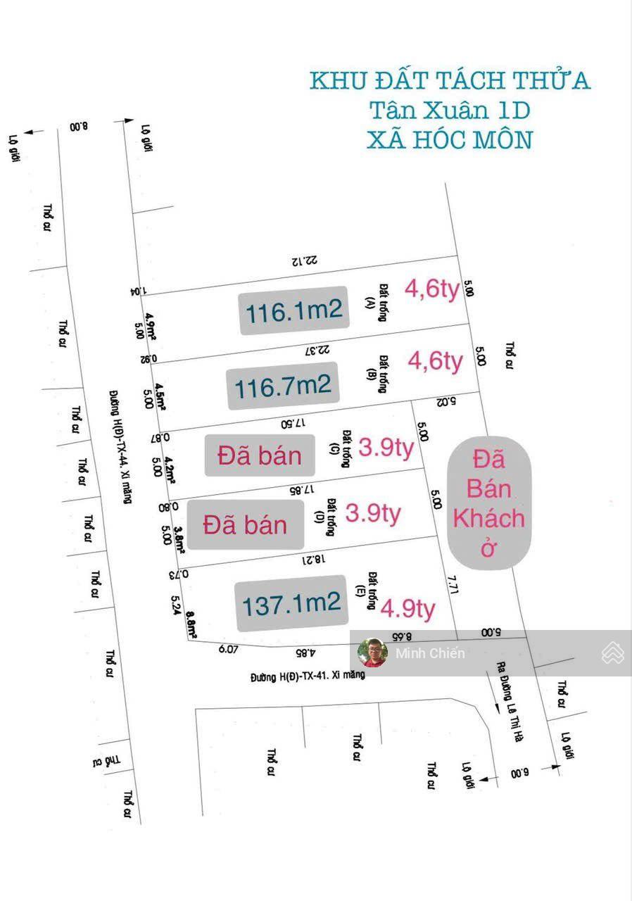 Đất thổ cư 5x23.2m, hẻm 6m Tân Xuân 1 vô 60m, gần Lê Thị Hà - UB xã Tân Xuân cũ