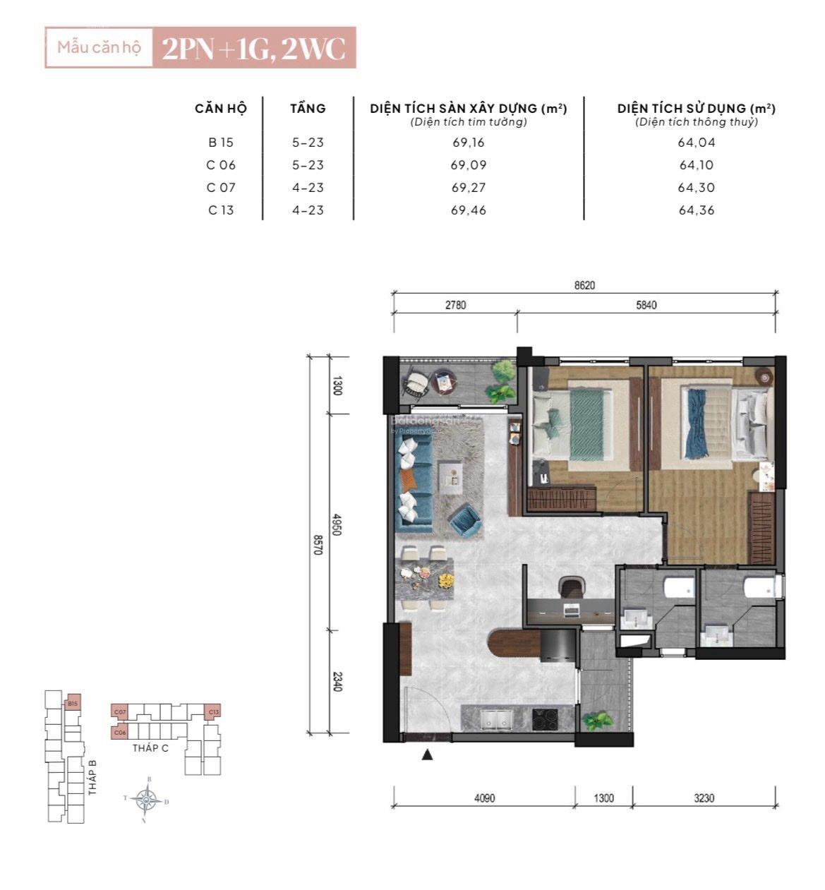 Bán CC The Privia KĐ 2PN góc logia riêng DT 69m2 , giá 4.490 Sổ hồng sẵn. Sđt 0764 274 *** gặp Bảo