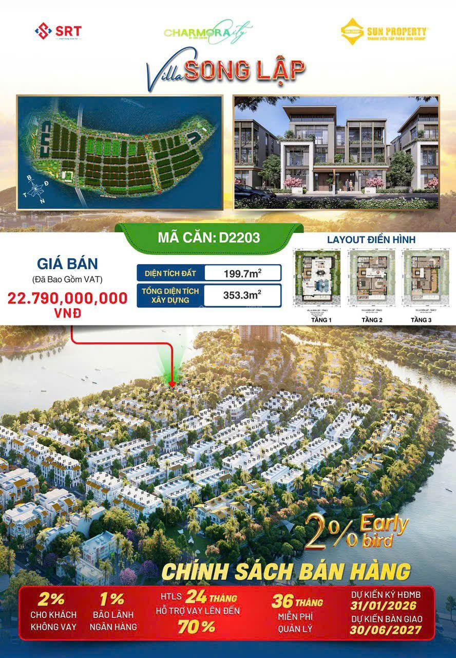 Villa song lập mặt tiền đường D22 rộng 16m thông ra trục công viên ven sông Charmora City - Sun Nha