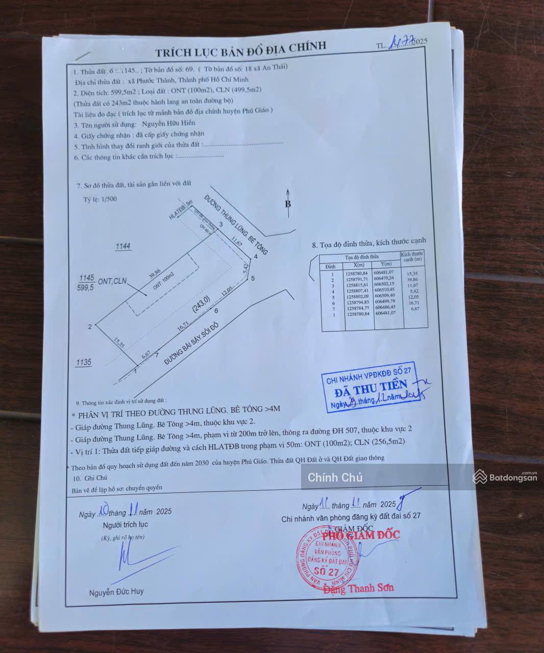 BÁN ĐẤT LÔ GÓC DT: 599,5M2 SẴN SỔ GIÁ CỰC TỐT TẠI  507, Xã An Thái, Huyện Phú Giáo, Bình Dương