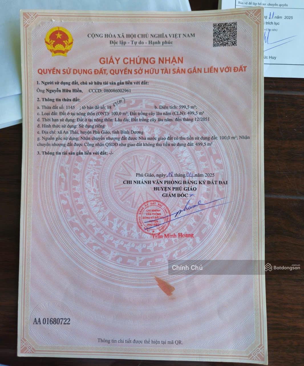 BÁN ĐẤT LÔ GÓC DT: 599,5M2 SẴN SỔ GIÁ CỰC TỐT TẠI  507, Xã An Thái, Huyện Phú Giáo, Bình Dương