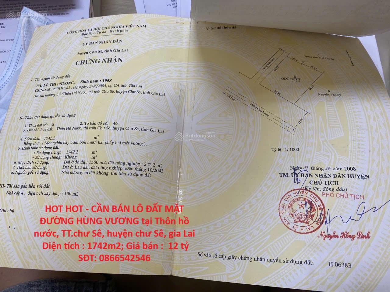 HOT HOT - CẦN BÁN LÔ ĐẤT MẶT ĐƯỜNG HÙNG VƯƠNG tại Thôn hồ nước, TT.chư Sê, huyện chư Sê, gia Lai