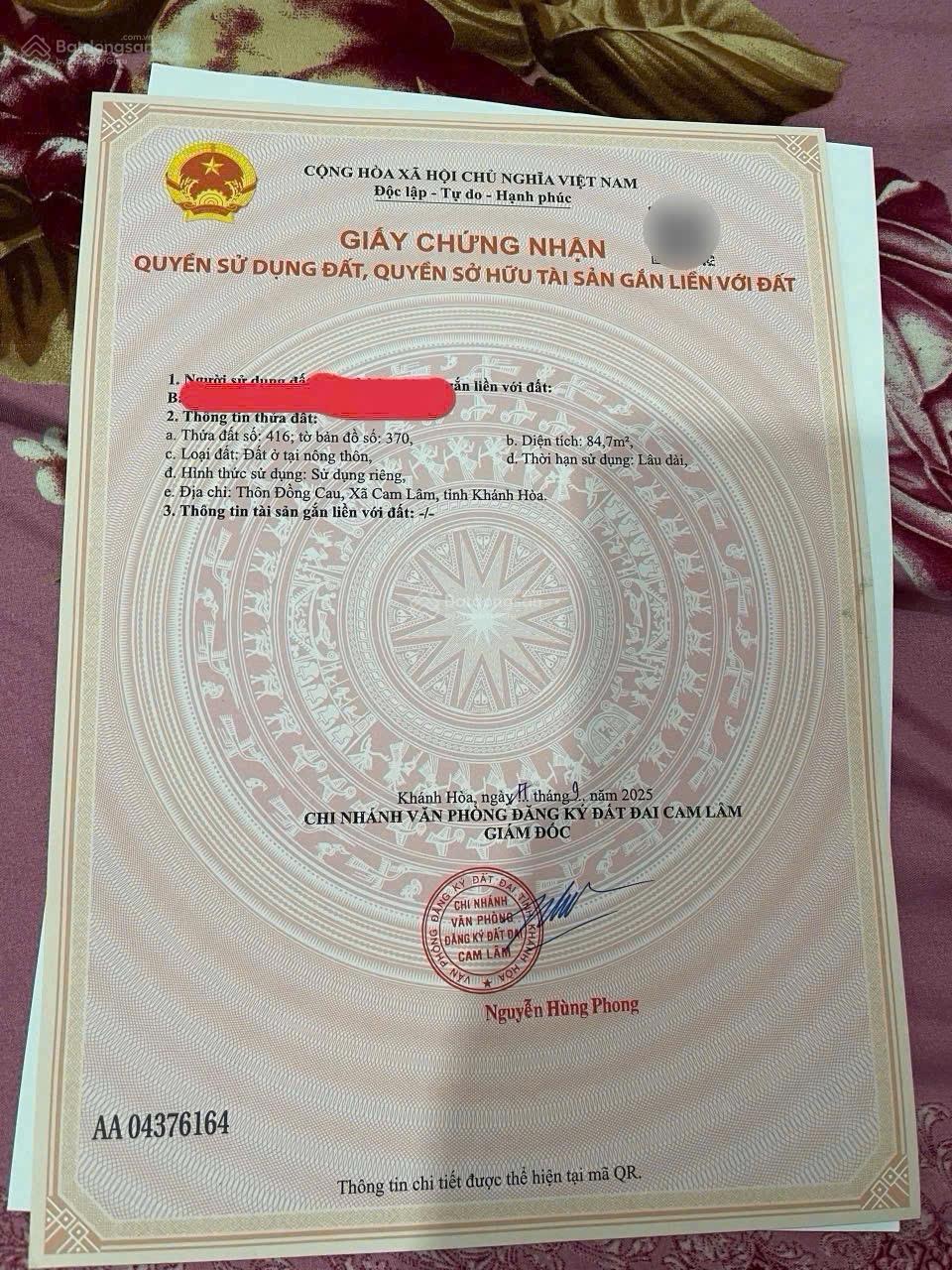 Tôi chính chủ cần bán lô đất thôn Đồng Cau, xã Suối Tân, Cam Lâm cạnh khu đô thị phức hợp của Vin