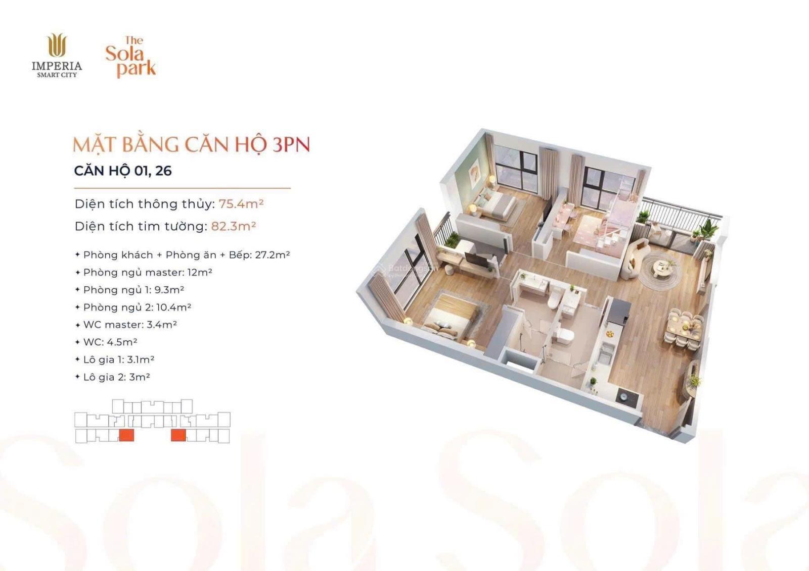 Bán gấp căn 3PN 2WC 76m2 toà G3 (View đường tàu) giá 6,1 tỷ tại Sola Park LH: 0388 596 ***