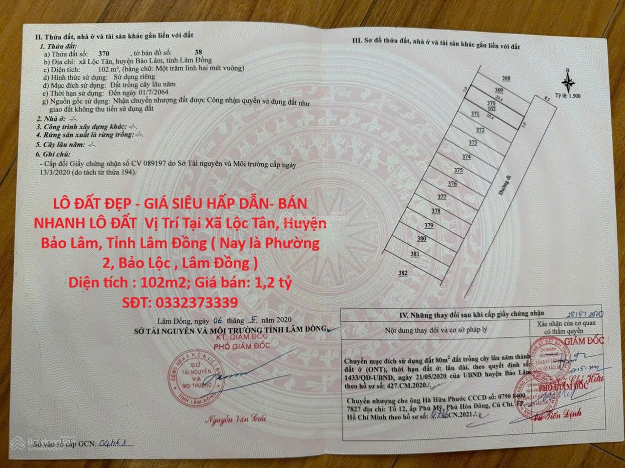 LÔ ĐẤT ĐẸP - GIÁ SIÊU HẤP DẪN- BÁN NHANH LÔ ĐẤT Vị Trí Tại Phường 2, TP Bảo Lộc, Tỉnh Lâm Đồng