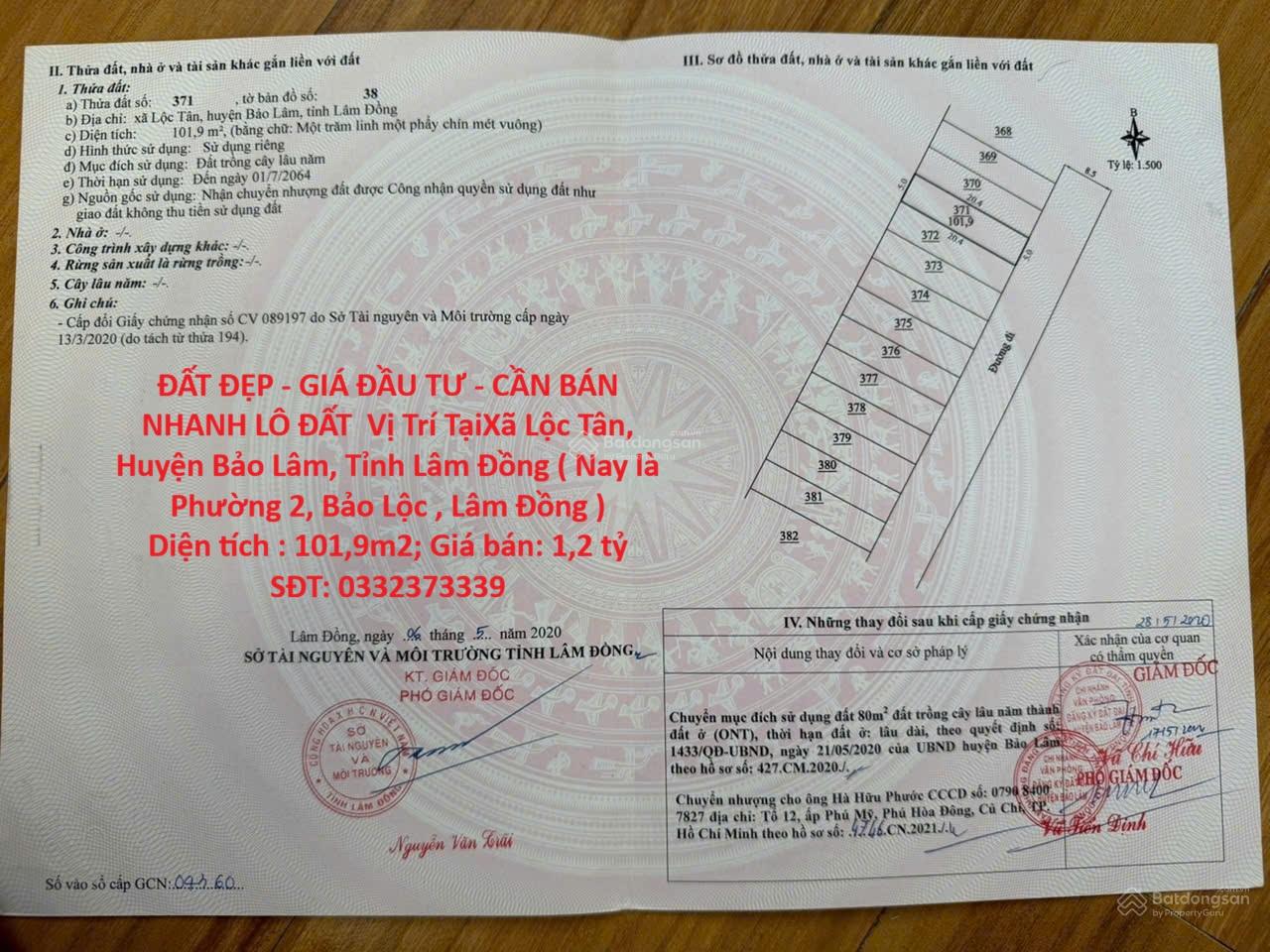 ĐẤT ĐẸP - GIÁ ĐẦU TƯ - CẦN BÁN NHANH LÔ ĐẤT Vị Trí Tại Phường 2, TP Bảo Lộc, Tỉnh Lâm Đồng