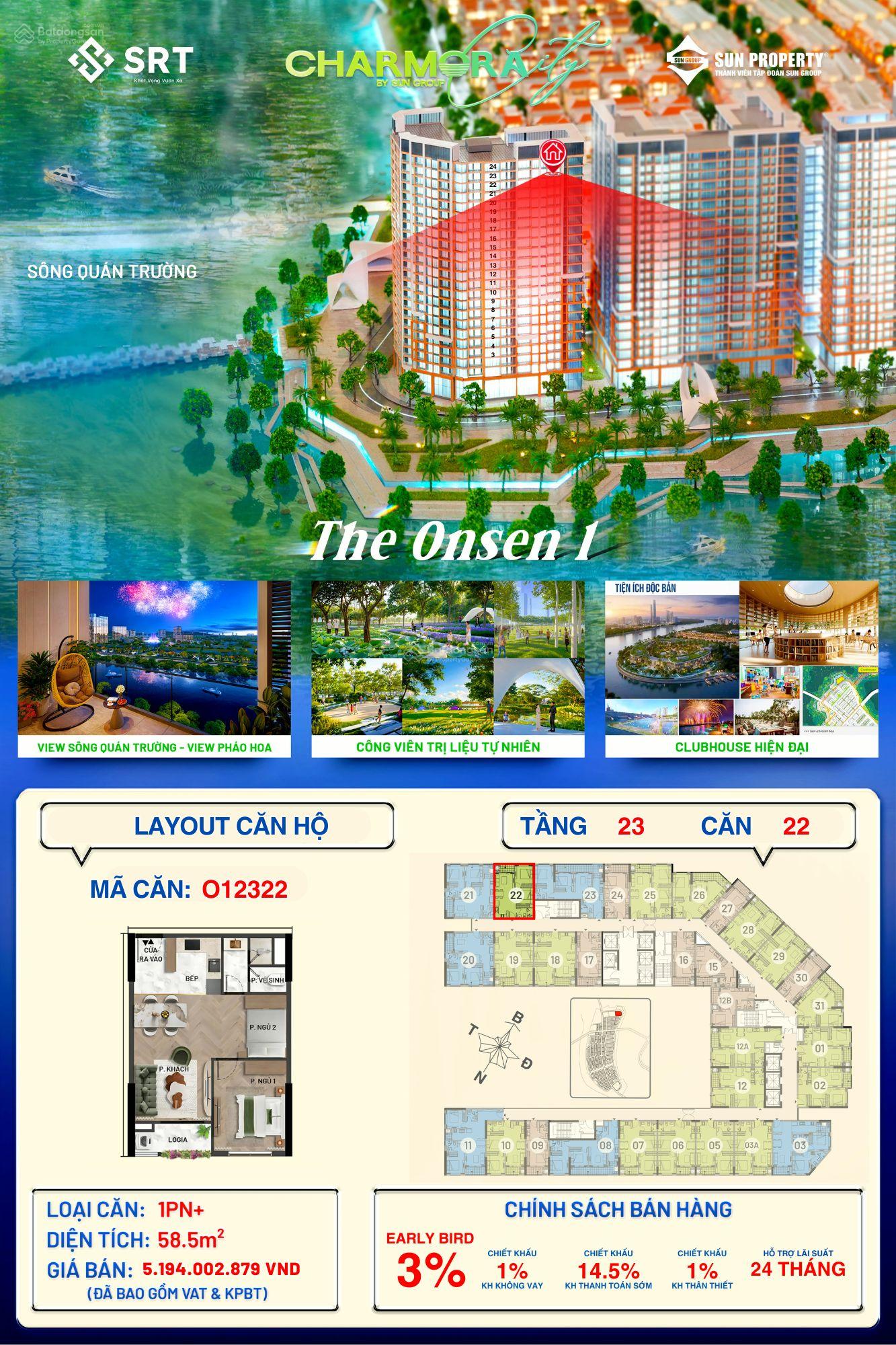 Căn 1pn+ 58,5m2 tầng 23 The Onsen 1 - Charmora City - Sun Nha Trang hỗ trợ vay ngân hàng