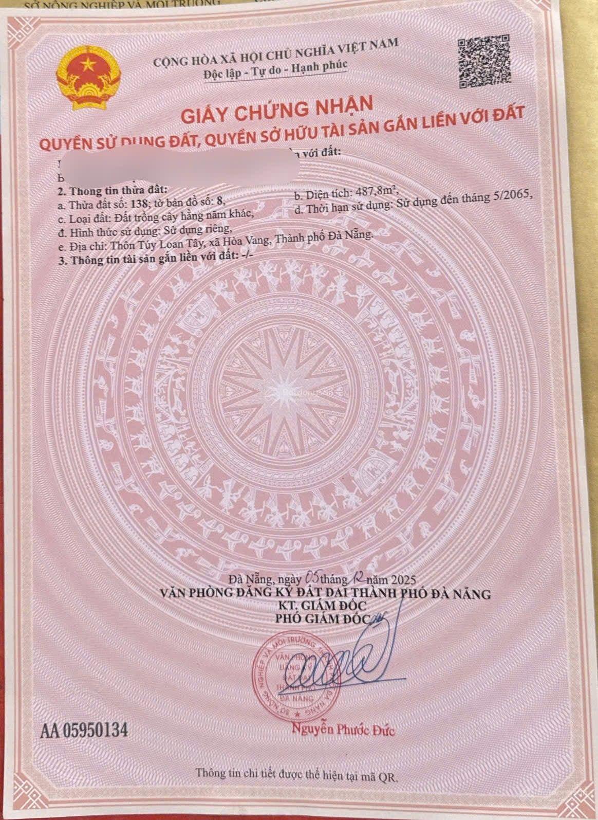 Đất trồng cây hằng năm 487m2 gần nhà dân ở, gần chợ Túy Loan