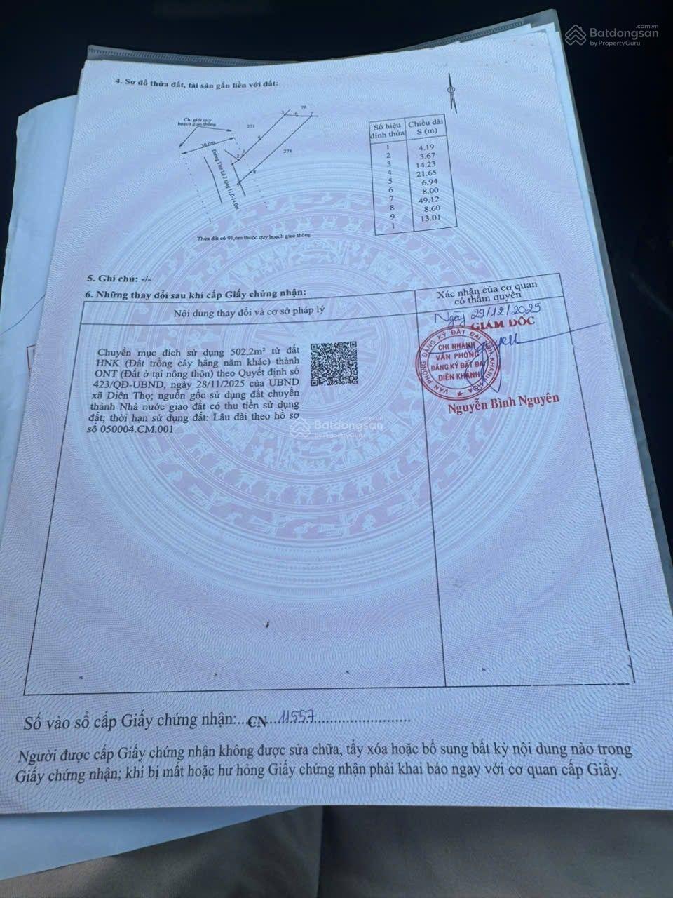 Bán lô đất thổ cư Mặt Tiền tỉnh Lộ 2 Diên Thọ, chính chủ.